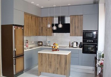 Угловая кухня модерн с островом Аттик пластик/эмаль/МДФ/ЛДСП РН190302